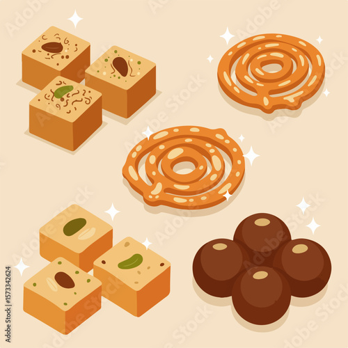 Depiction of Indian sweets featuring laddu, burfi, and jalebi, arranged for visual appeal. Assortment of Indian sweets showcases the colorful variety, including laddu, burfi, and jalebi.