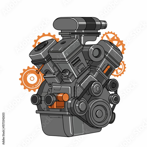 Cartoon engine showing internal combustion engine components, mechanical heart. This cartoon engine showcases intricate parts: pistons, cylinders, and belts, all contributing to this mechanical heart.
