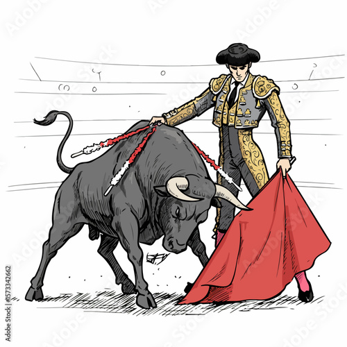 Bullfighting event in scene with matador facing powerful bull with red cape. Bullfighting with man in traditional costume provoking animal.