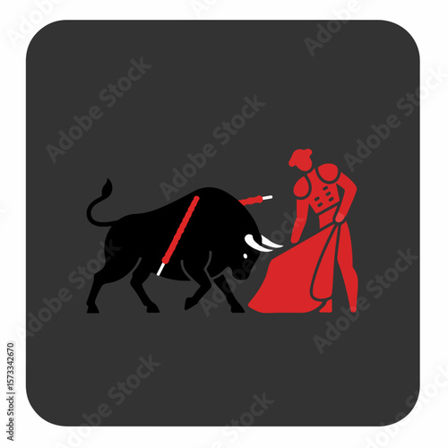 Illustration of bullfighting, art depicting matador confronting large bull. Traditional bullfighting show art of dramatic confrontation between matador and bull in arena.
