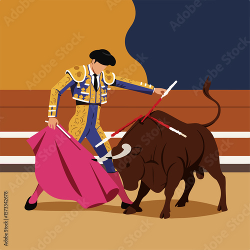 Bullfighting illustration featuring bullfighter, cape and fighting bull in action. Classic bullfighting tradition with matador skillfully maneuvering and dodging aggressive bull.