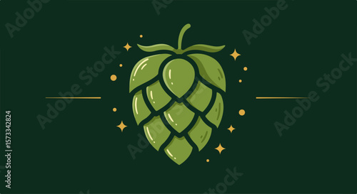 Green hop cone illustration with distinctive plant head for brewery ad, showcasing freshness and flavor. Hop cone art displays geometric shapes, augmented with sparkling stars.