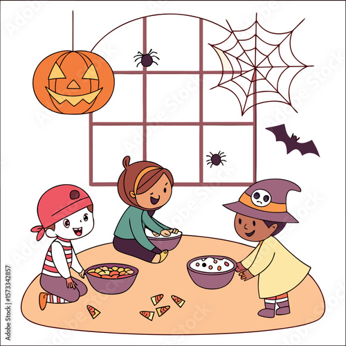 Three children in halloween costumes with candy bowls near window with spider web and pumpkin hanging down