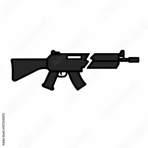Depicting broken rifle in stark black and white, symbolizing peace, icon shows a shattered firearm. Symbolic broken rifle design represents end of conflict and ceasefire. Visualizing broken rifle,