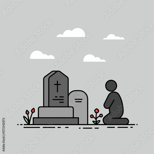 Illustration of bereavement showing gravestones in solemn remembrance. Bereavement is symbolized with flowers and peaceful atmosphere, providing comfort to person grieving and paying respects.