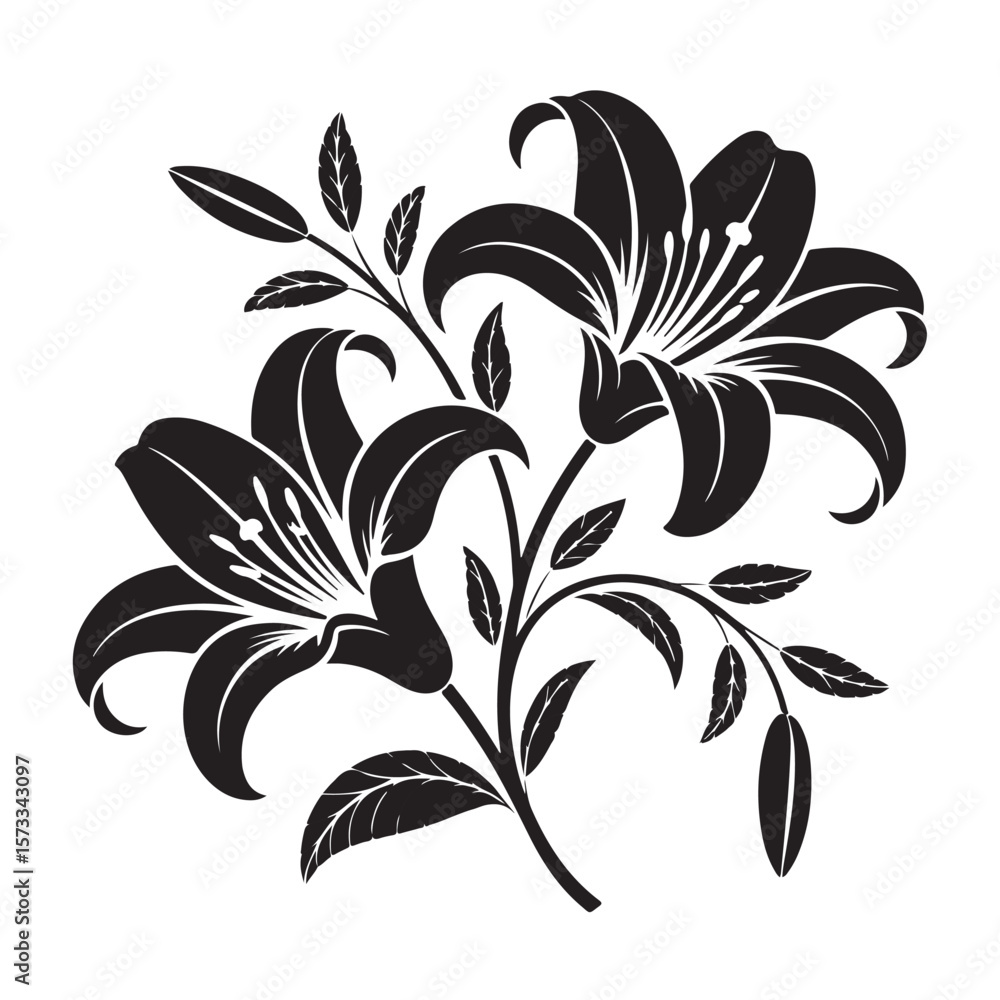 Elegant black silhouette of two blooming lilies on a stem Elegant black silhouette of two blooming lilies on a stem