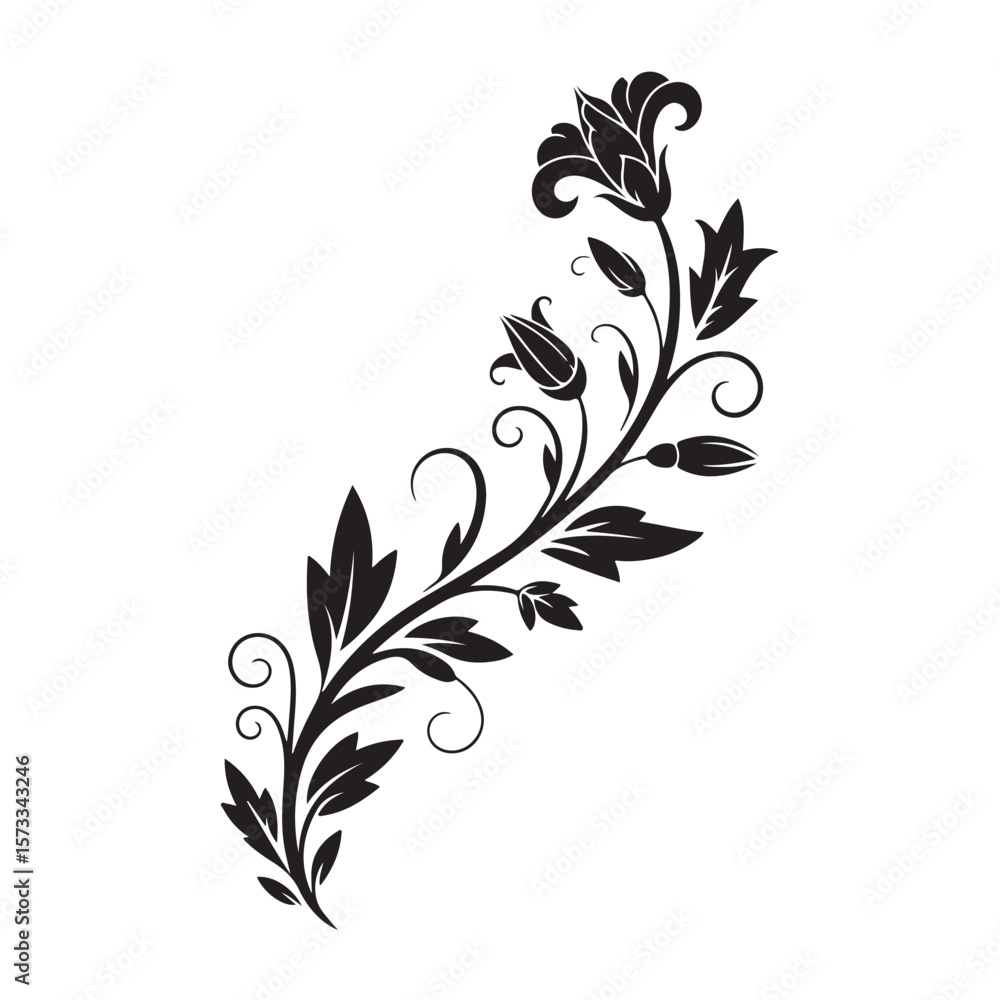 Obraz premium Elegant black floral vine with blooming lily and swirling leaves