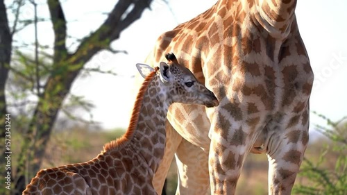 Baby giraffe and mother giraffe