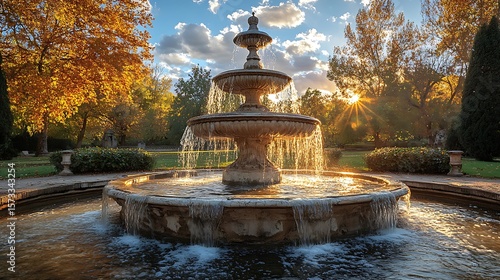 A tiered fountain cascades water in an autumn park.