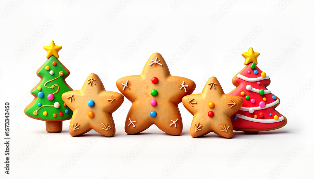 Naklejka premium Gingerbread cookies shaped like stars and Christmas trees with icing