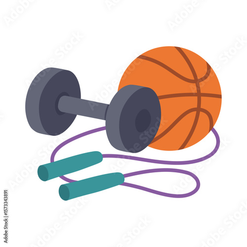 Sports equipment dumbbell basketball jump rope. Fitness gym illustration for kids. Physical education tools for children.