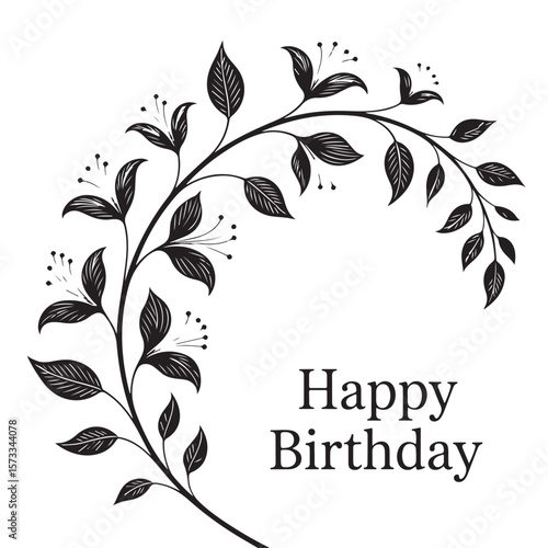 Elegant floral branch with happy birthday text silhouette