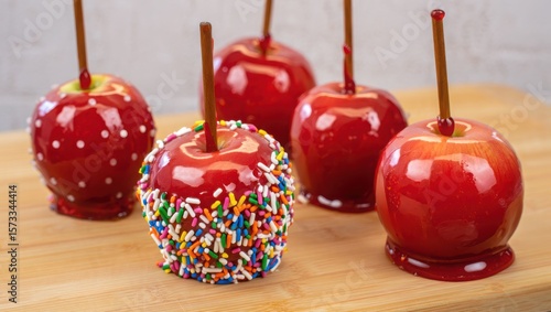 Shiny red candy apples with sprinkles and dots red apples
