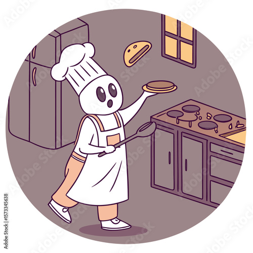 A surprised cartoon ghost chef in a white hat and apron is flipping a pancake in a kitchen with a stove and refrigerator preparing breakfast