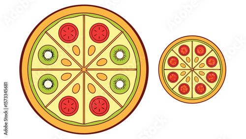 Two cartoon pizzas one large with kiwi and tomato and one small with tomato