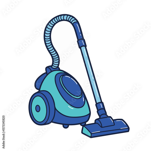 Vacuum cleaner in teal and blue colors with hose and nozzle  