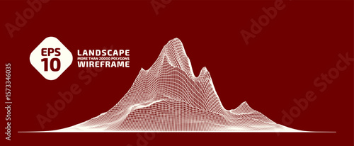 Futuristic Wireframe Landscape Vector Background with Low Poly Mesh Mountains, Abstract 3D Digital Terrain Grid, Technology Data Visualization Concept, Monochrome Topographic Surface Design