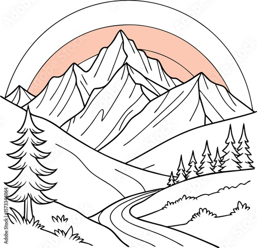 Scenic Mountain Line Art: A minimalistic illustration of a majestic mountain range, with rolling hills and a winding road. Capturing the beauty of nature through simple lines.
