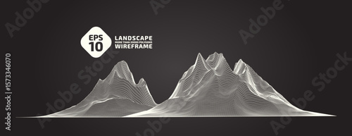 Futuristic Wireframe Landscape Vector Background with Low Poly Mesh Mountains, Abstract 3D Digital Terrain Grid, Technology Data Visualization Concept, Monochrome Topographic Surface Design