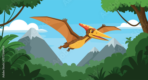 Cute Cartoon Pterodactyl Flying Over Mountains in Flat Vector Illustration