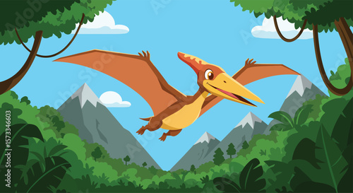 Cute Cartoon Pterodactyl Flying Over Mountains in Flat Vector Illustration