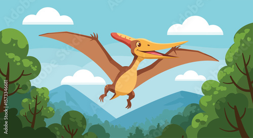 Cute Cartoon Pterodactyl Flying Over Mountains in Flat Vector Illustration