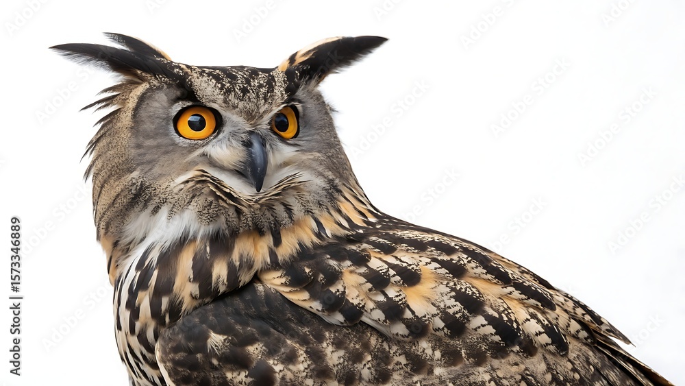 Fototapeta premium Eurasian eagle-owl isolated on a white background. AI GENERATED.