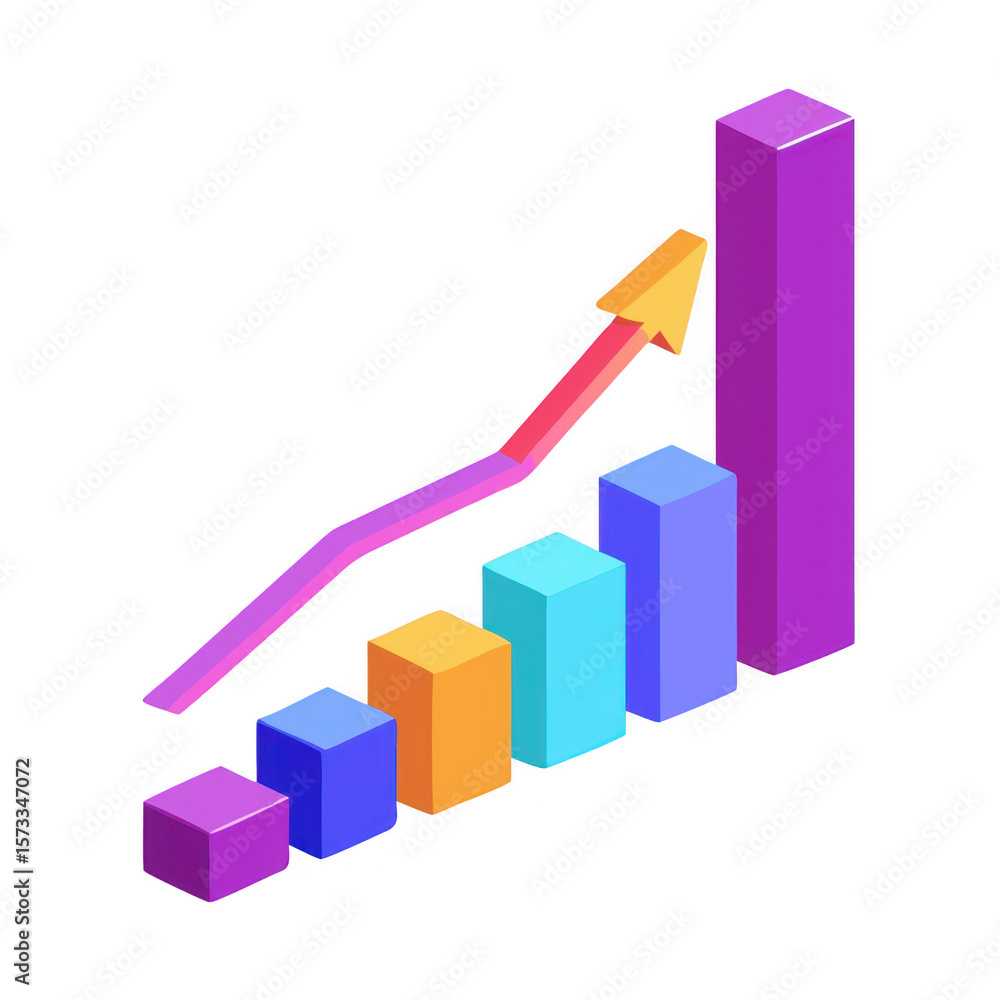Isometric bar graph with upward trend arrow isolated on transparent background Isometric bar graph with upward trend arrow isolated on transparent background