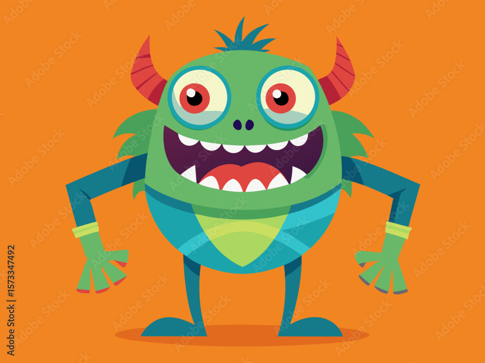 Fototapeta premium Classic retro cartoon monster with googly eyes striking silly pose in vibrant colors