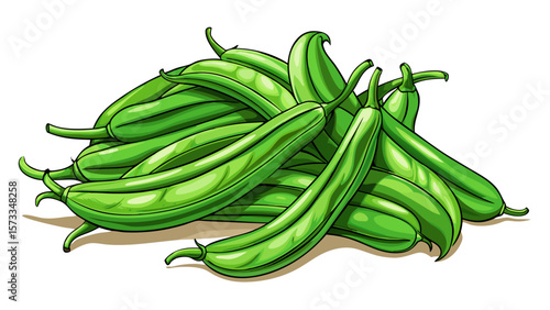   close up Tender organic green beans lie gently in a pile, thin and elegant, with slight bends and tips, showcasing freshness and detail ideal for vectorized vegetarian kitchen art. White background