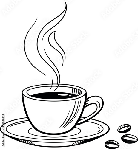 Steaming Coffee in Cup: A simple monochrome illustration showcases a cup of coffee with visible steam, resting elegantly on a saucer, alongside coffee beans, evoking the aroma and pleasure.
