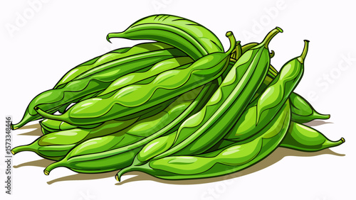   close up Tender organic green beans lie gently in a pile, thin and elegant, with slight bends and tips, showcasing freshness and detail ideal for vectorized vegetarian kitchen art. White background