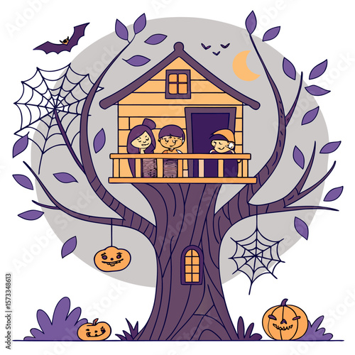 Illustration of a halloween themed treehouse with children, pumpkins, bat and spider webs in the night