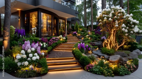 Night-lit entrance with floral landscaping high resolution photo