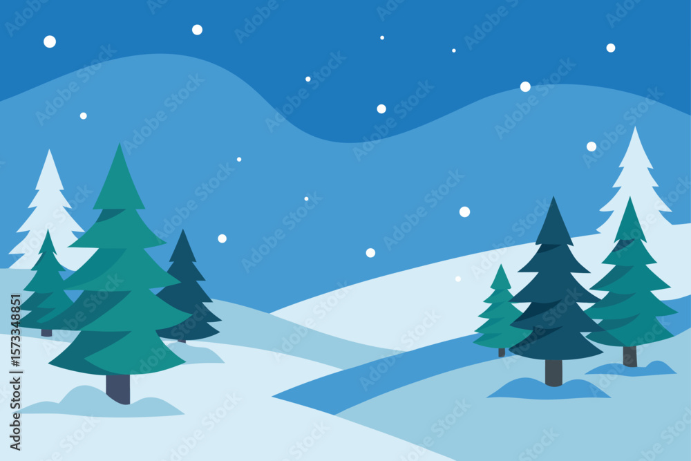 Winter Snow Landscape with Pine Trees and Falling Snow Winter Snow Landscape with Pine Trees and Falling Snow