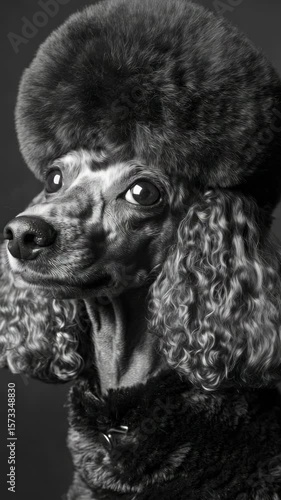 Poodle wearing a black faux fur coat with a hood. The dog's expression is mildly surprised.