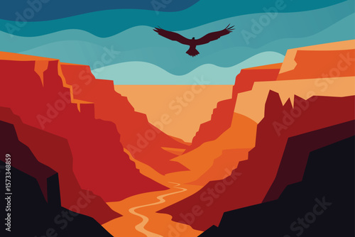 Wide Canyon Landscape with Eagle Flying Overhead
