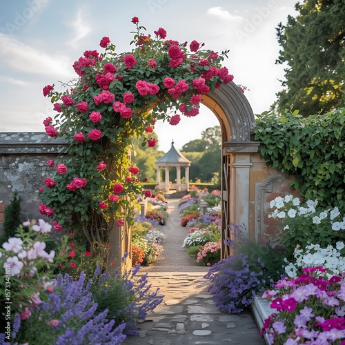 Enchanting garden archway covered in vibrant pink roses leading to a serene gazebo