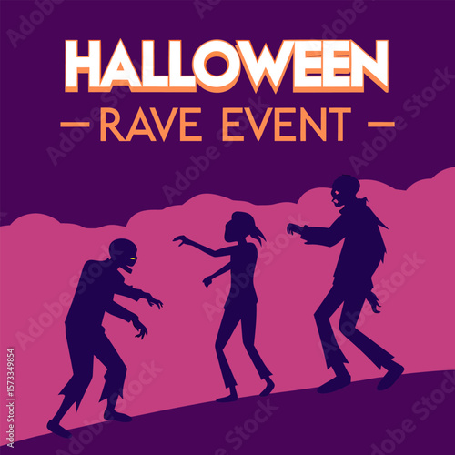 Halloween rave event poster with zombie silhouettes against a purple and pink gradient background design