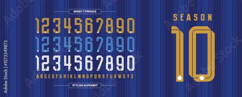 Season 10: retro jersey number font with blue stripes and gold-white inline style. A vintage sports display perfect for team designs, tournament posters, and athletic-themed graphics.