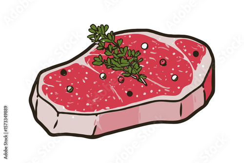 Cartoon-style raw beef steak with herbs and peppercorns on a clean white background, representing fresh meat and cooking preparation