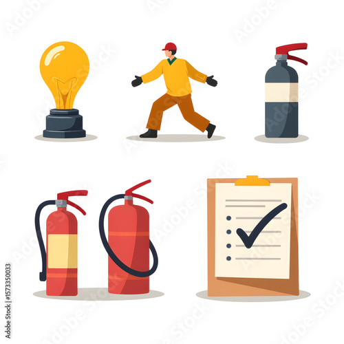Safety inspection icons with fire extinguishers and checklist  