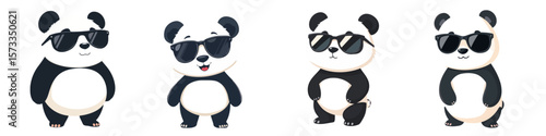 Collection of Funny Adorable Little Cartoon Panda Bears Wearing Trendy Cool Sunglasses Vector Illustration Set