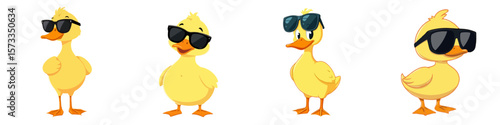 Cute Yellow Duckling Cartoon Characters Wearing Sunglasses Vector Illustration Set
