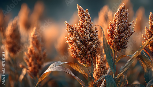 Mature sorghum stalks swaying golden in sunlight, representing agricultural sustainability and bountiful crop potential