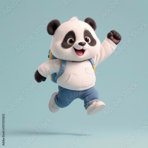 Happy cute panda character wearing a backpack jumping with joy on a light blue background