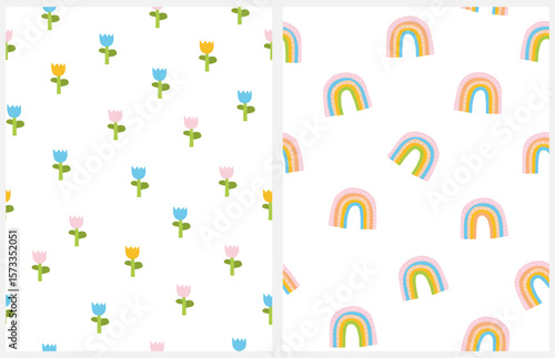 Cute Seamless Vector Pattern With Colorful Tulip And Rainbows.Hand Drawn Irregular Print With Pink, Blue And Yellow Flowers And Little Rainbows On A White Background. Childish Style Endless Design.