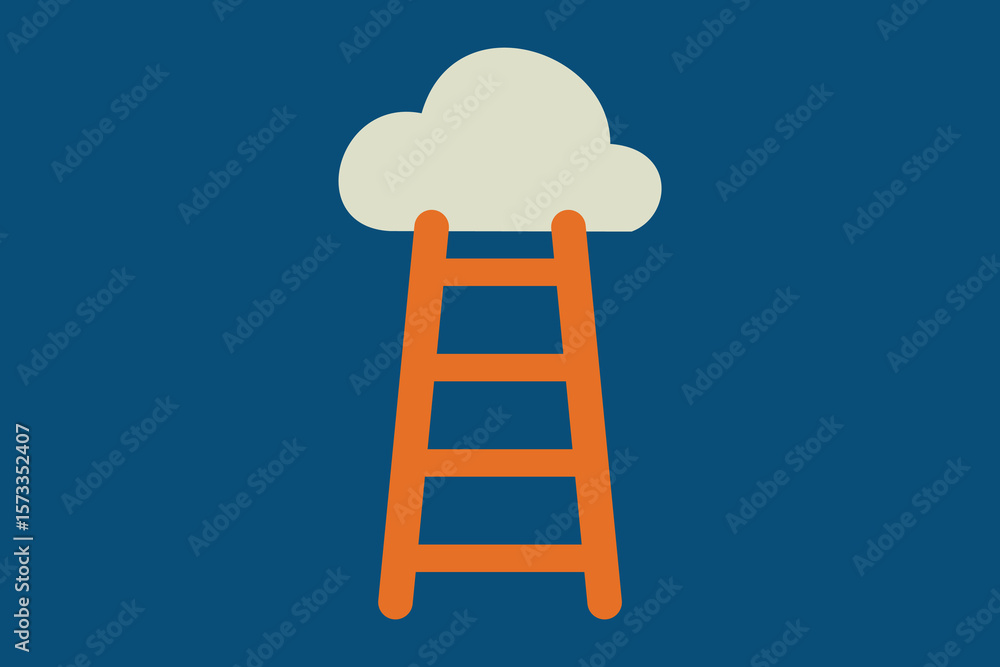 Ladder Reaching to Cloud on Solid Blue Background Ladder Reaching to Cloud on Solid Blue Background