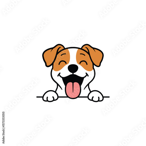 Cute jack russell with a happy face, eyes closed, mouth open and tongue out, vector illustration