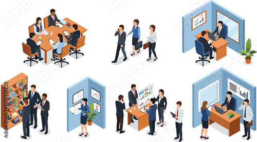 Business Professionals in Meeting, Collaboration, and Office Settings Isometric Illustrations